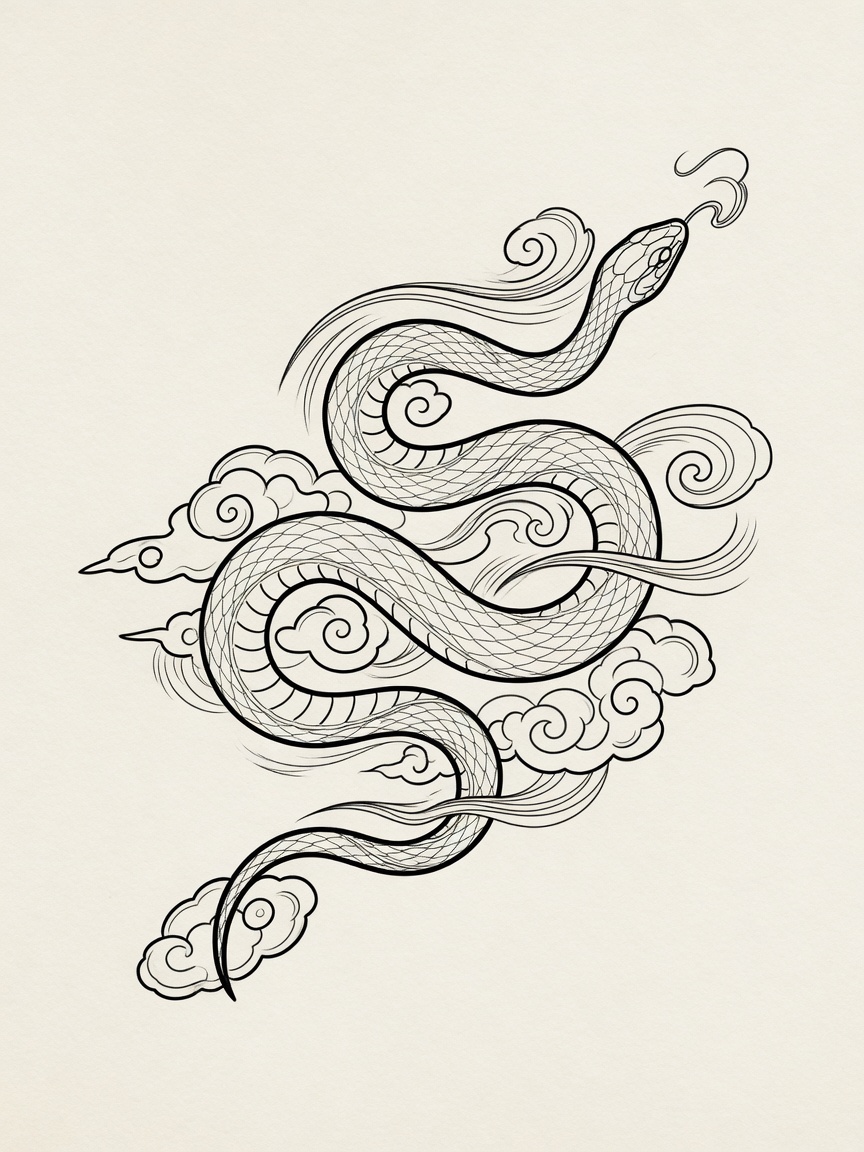 Snake — Japanese Linework Tattoo Design #1 — Japanese Linework snake tattoo design