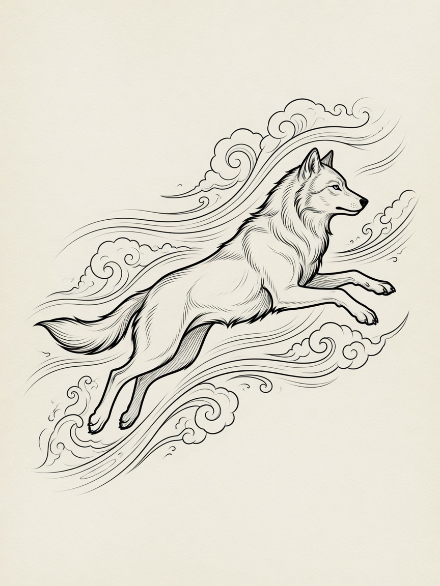 Wolf — Japanese Linework Tattoo Design #1 — Japanese Linework wolf tattoo design