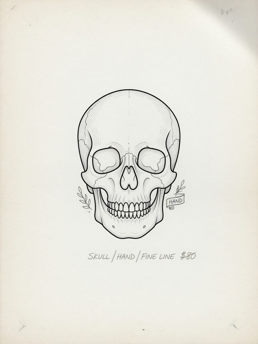 Skull — Fine Line Hand Tattoo — Fine Line skull tattoo design