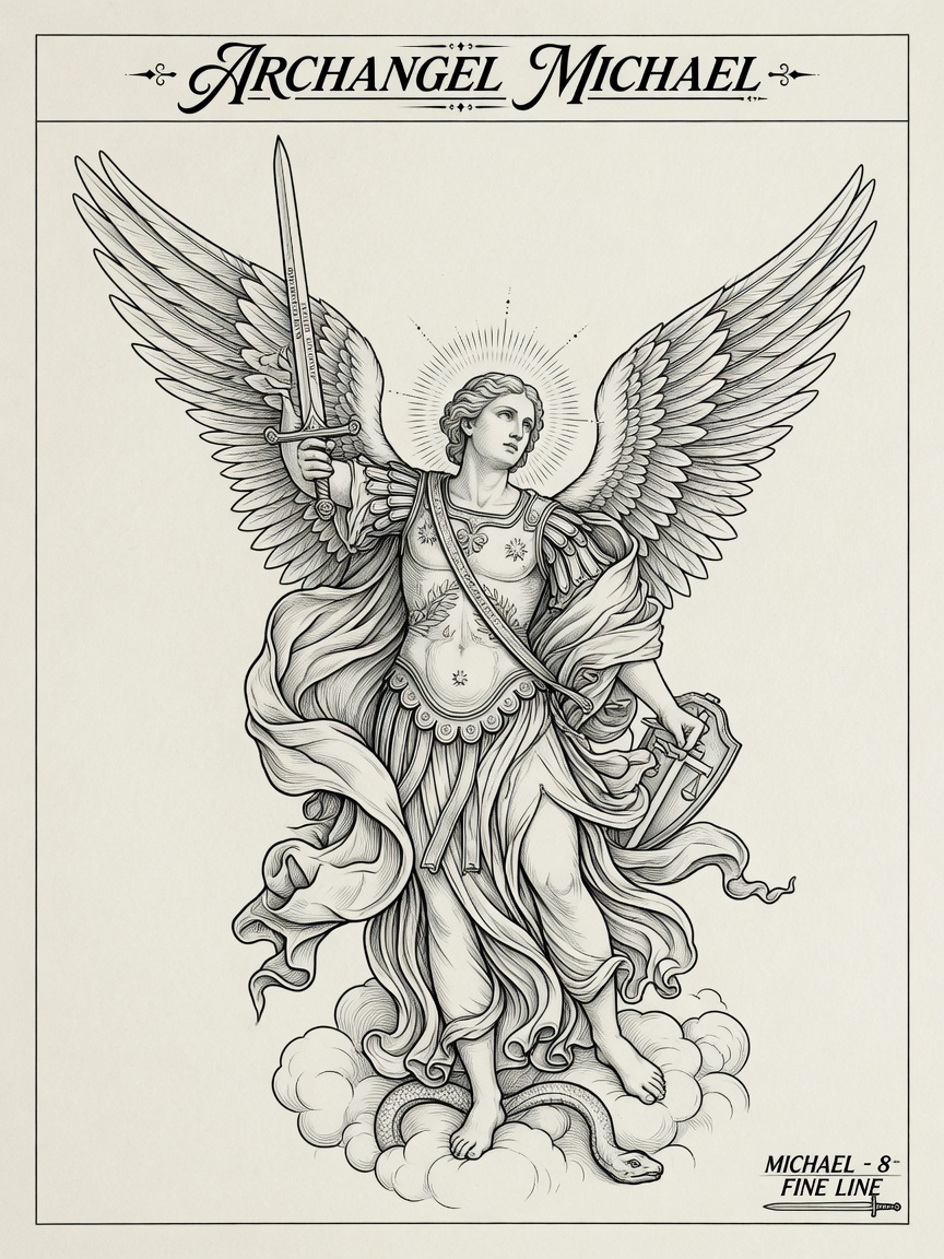 Archangel Michael — Fine Line Tattoo — Fine Line archangel-michael tattoo design