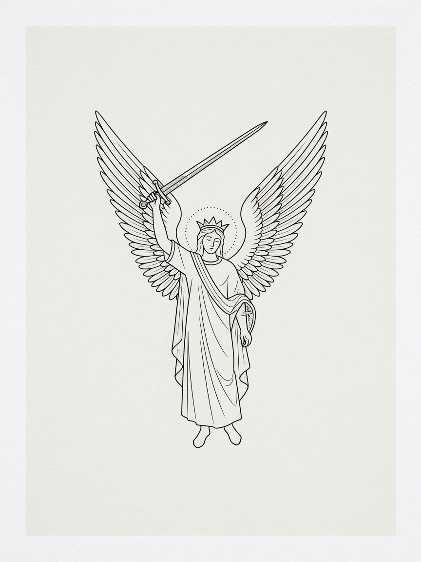 Archangel Michael — Fine Line Tattoo — Fine Line archangel-michael tattoo design