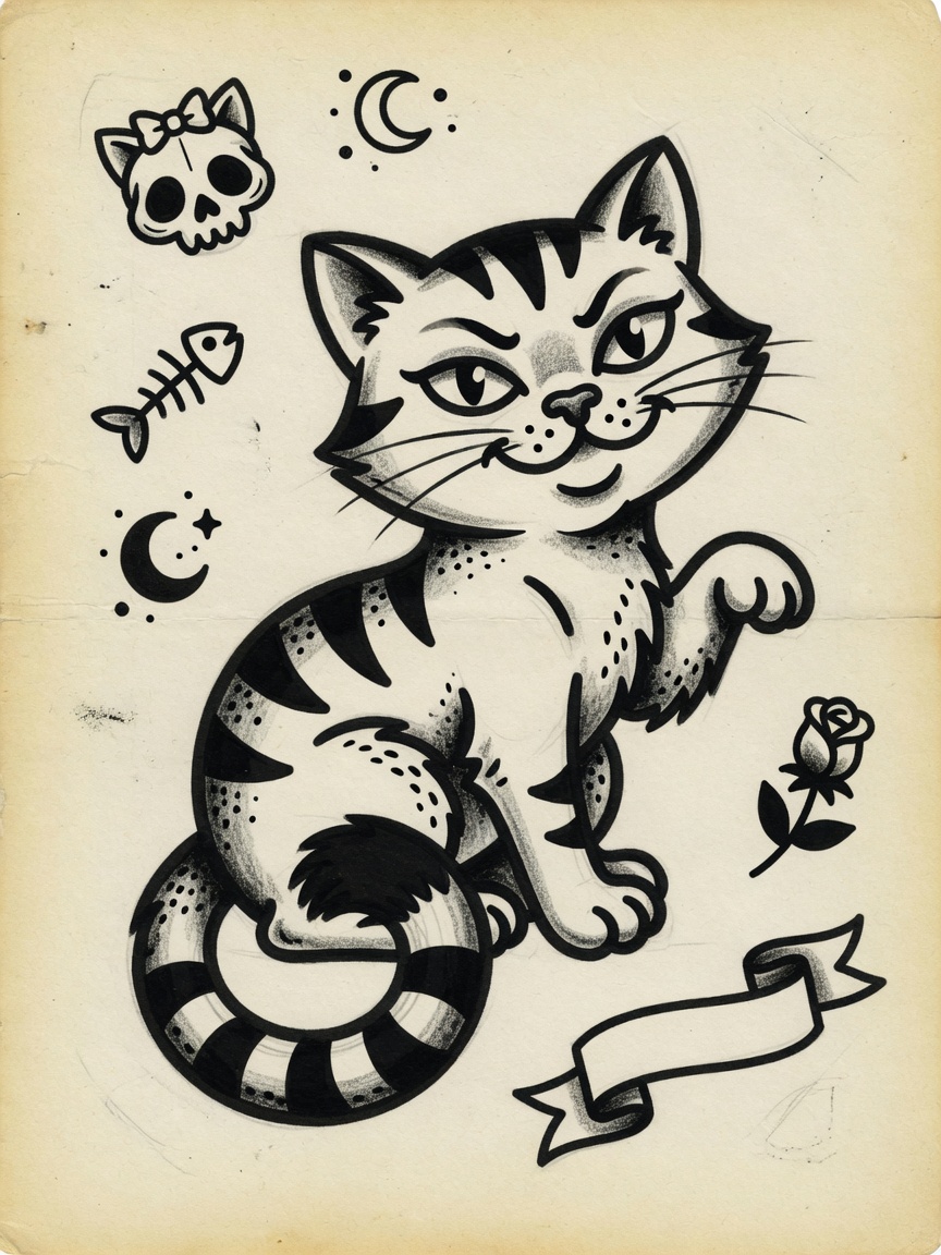 Cat — American Traditional Tattoo Design — American Traditional cat tattoo design