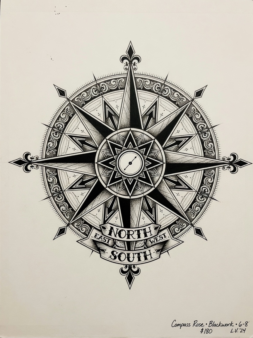 Compass — Blackwork Tattoo — Blackwork compass tattoo design