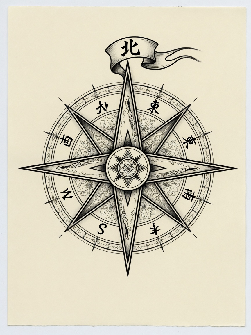 Compass — Japanese Linework Tattoo — Japanese Linework compass tattoo design