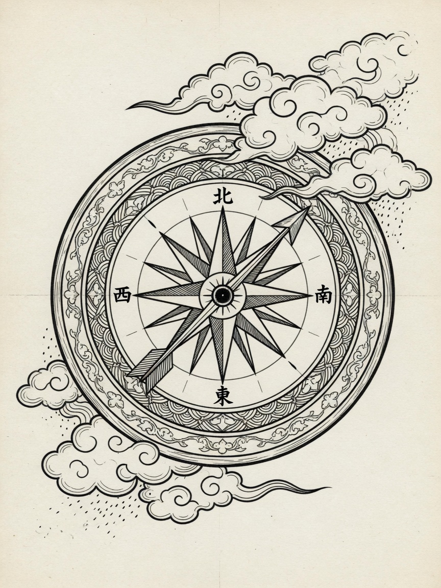 Compass — Japanese Linework Tattoo Design — Japanese Linework compass tattoo design