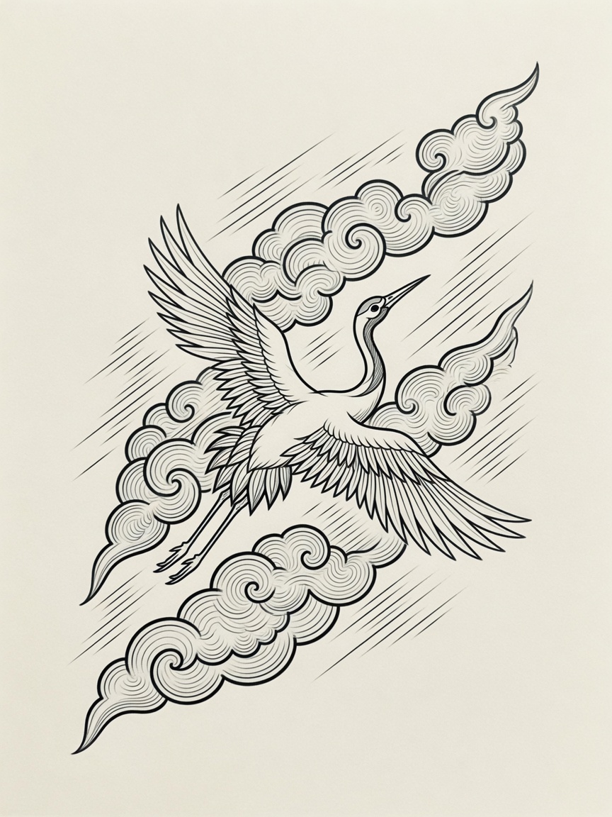 Crane — Japanese Linework Tattoo Design — Japanese Linework crane tattoo design