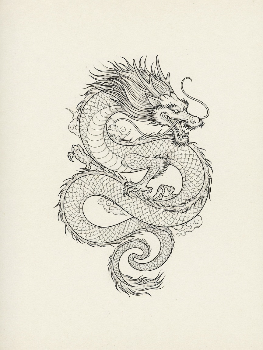 Dragon — Fine Line Tattoo Design — Fine Line dragon tattoo design