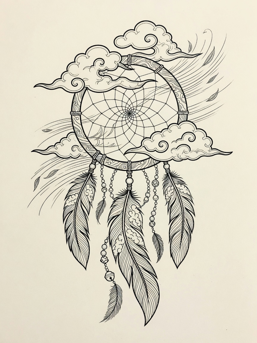 Dreamcatcher — Japanese Linework Tattoo Design — Japanese Linework dreamcatcher tattoo design