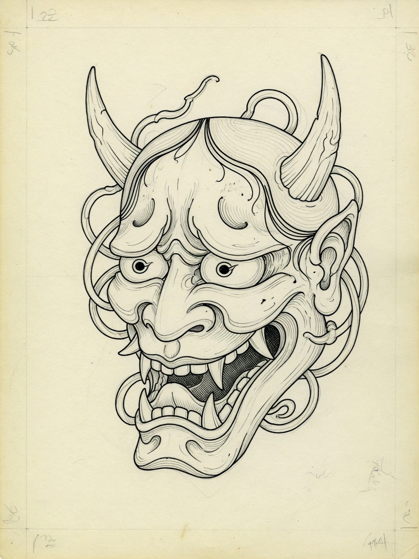 Hannya — Fine Line Tattoo Design — Fine Line hannya tattoo design