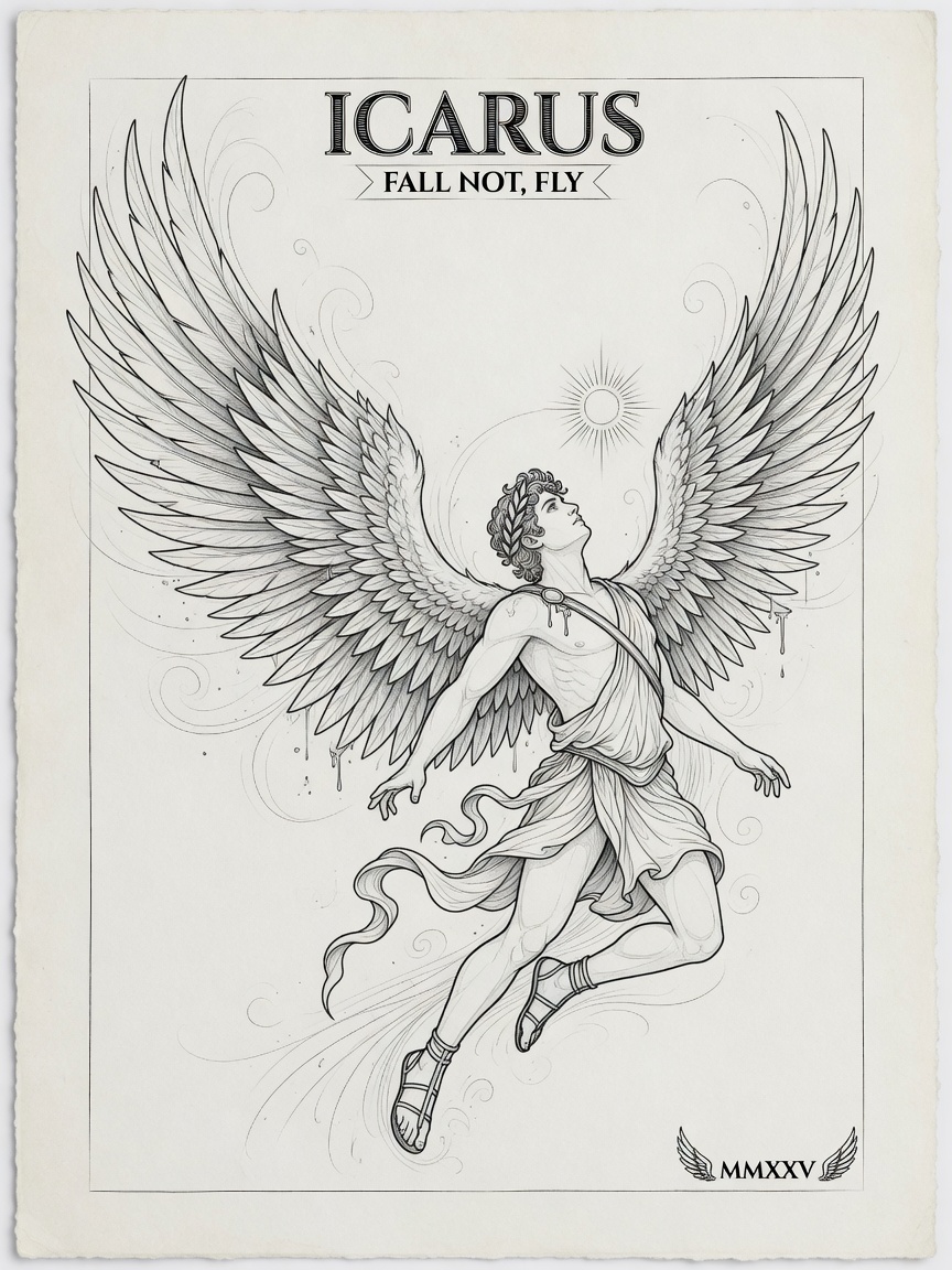 Icarus — Fine Line Tattoo — Fine Line icarus tattoo design