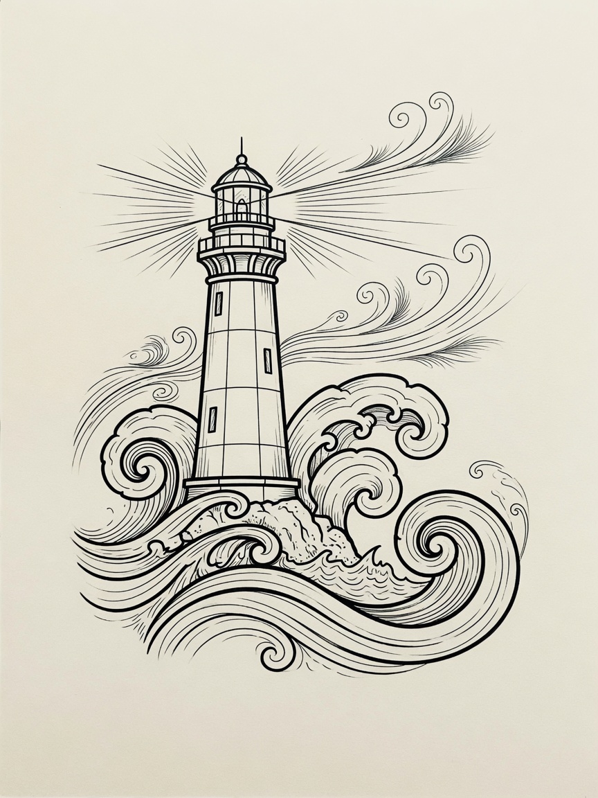 Lighthouse — Japanese Linework Tattoo Design — Japanese Linework lighthouse tattoo design