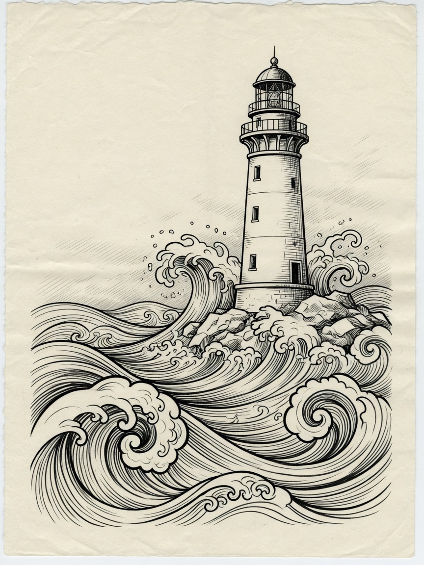 Lighthouse — Japanese Linework Tattoo Design — Japanese Linework lighthouse tattoo design
