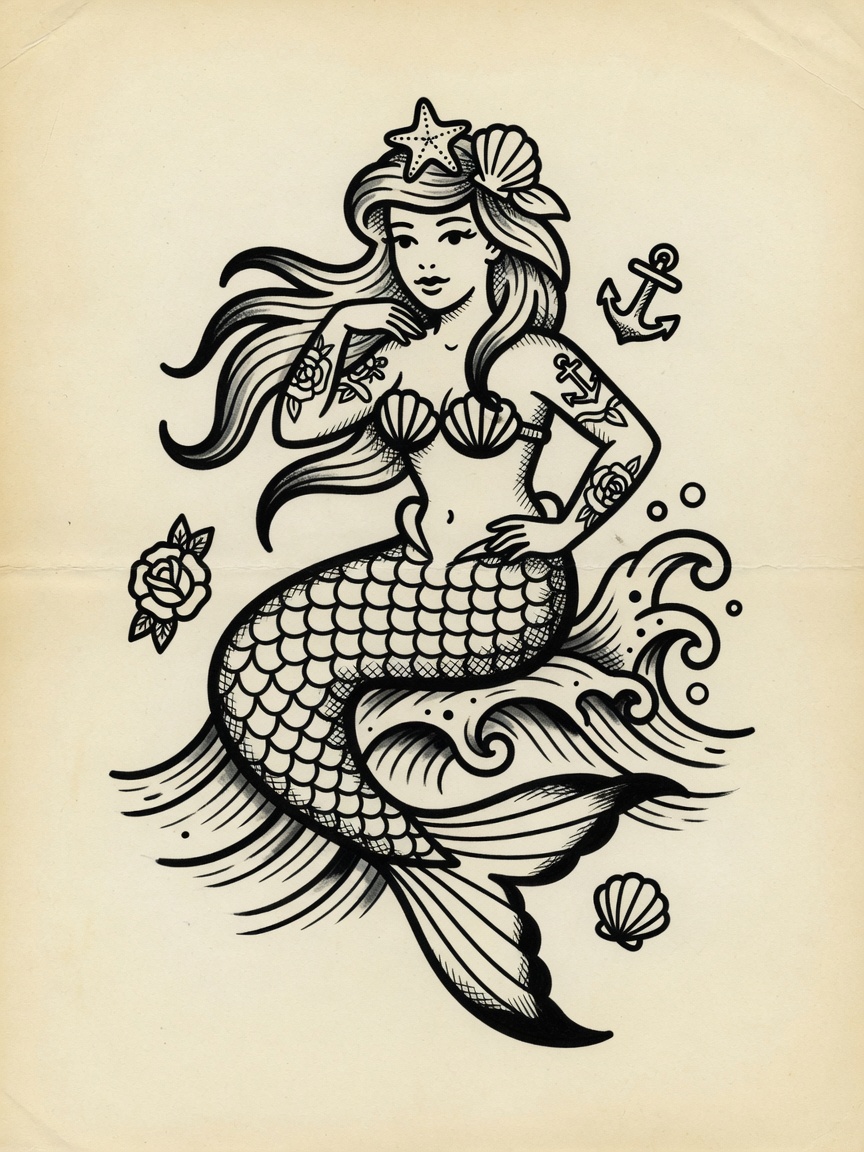 Mermaid — American Traditional Tattoo Design — American Traditional mermaid tattoo design