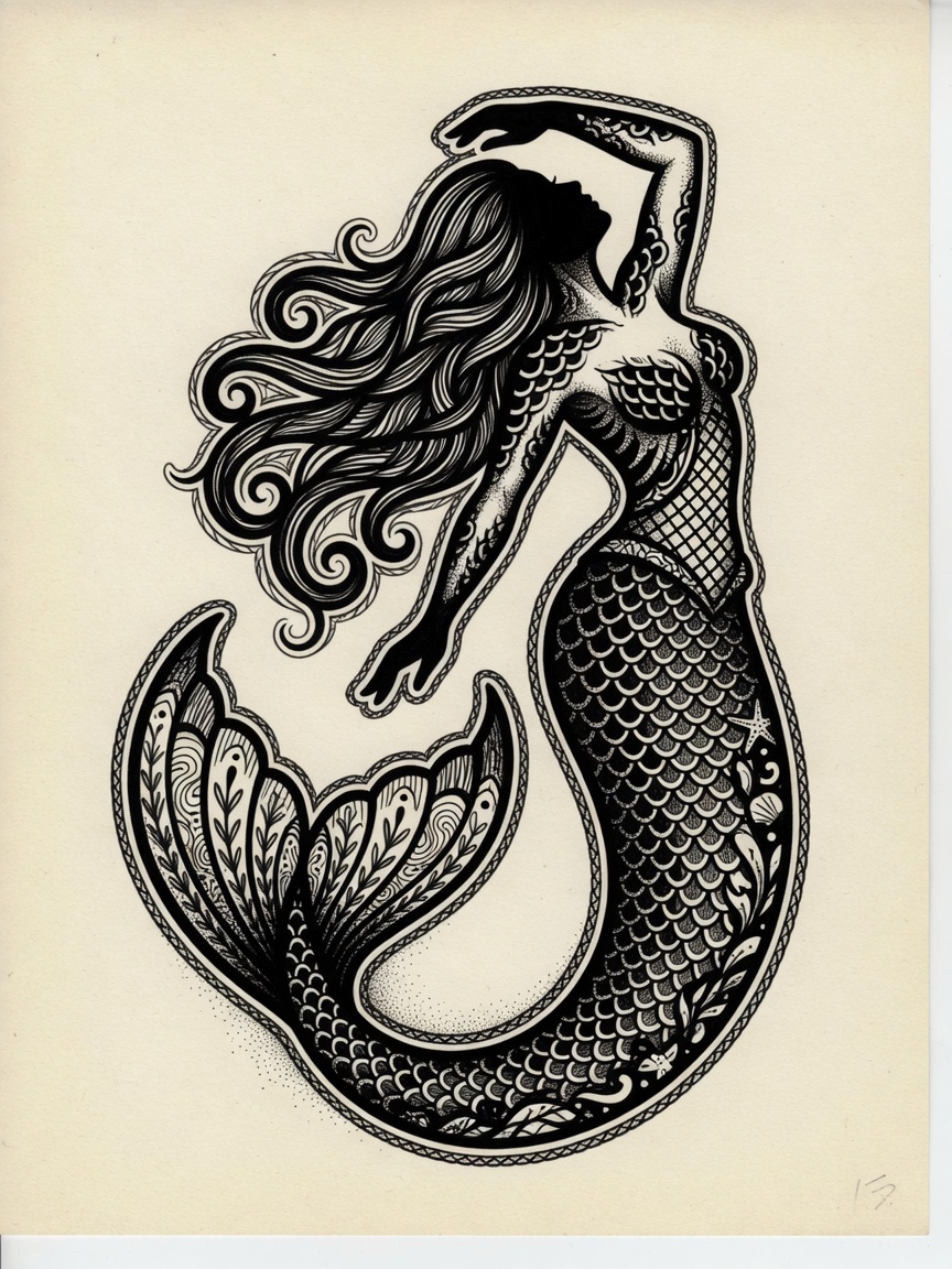 Mermaid — Blackwork Tattoo Design — Blackwork mermaid tattoo design