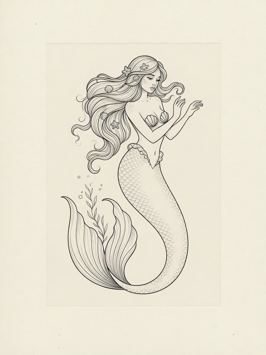 Mermaid — Fine Line Tattoo Design — Fine Line mermaid tattoo design