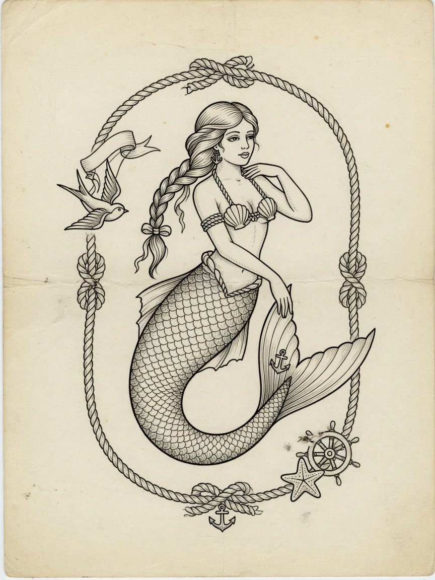 Mermaid — Fine Line Tattoo Design — Fine Line mermaid tattoo design