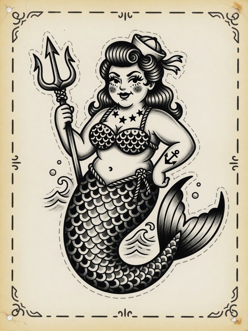 Mermaid — Japanese Linework Tattoo Design — Japanese Linework mermaid tattoo design