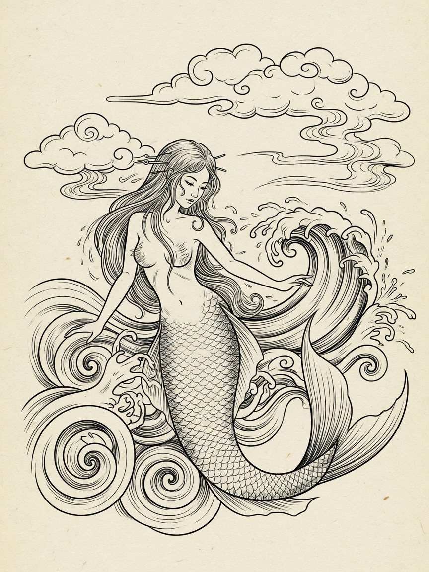 Mermaid — Japanese Linework Tattoo Design — Japanese Linework mermaid tattoo design