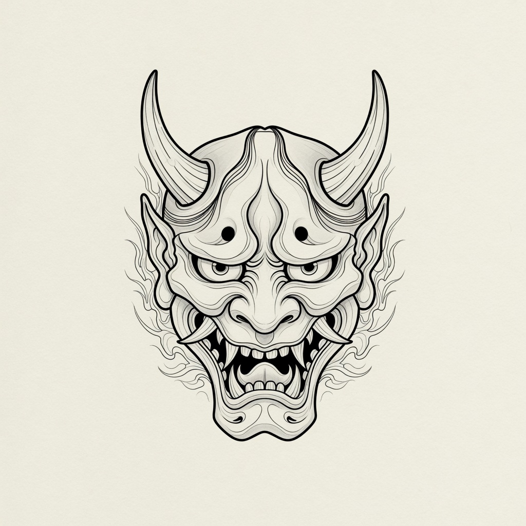 Oni Mask — Fine Line Tattoo — Fine Line oni-mask tattoo design