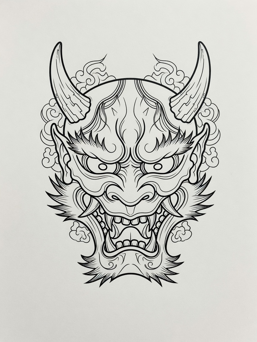 Oni Mask — Fine Line Tattoo — Fine Line oni-mask tattoo design