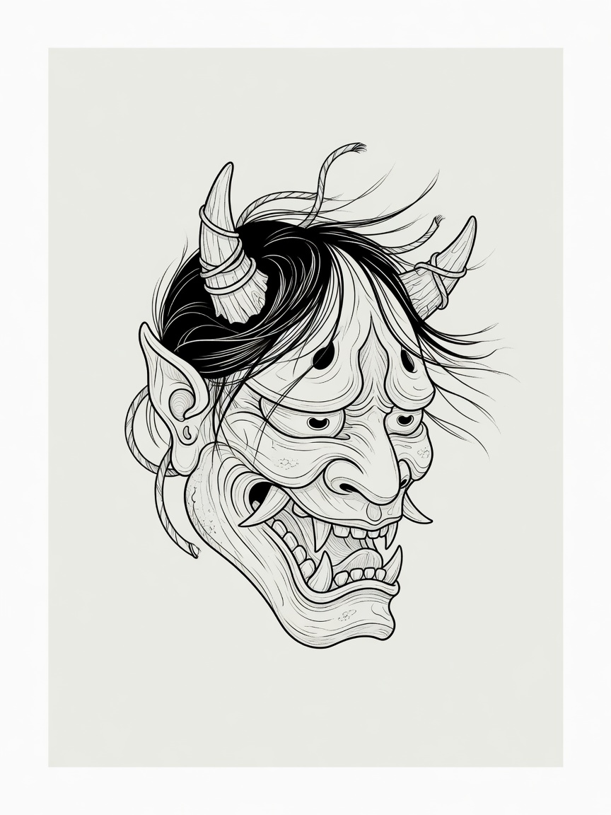 Oni Mask — Fine Line Tattoo — Fine Line oni-mask tattoo design