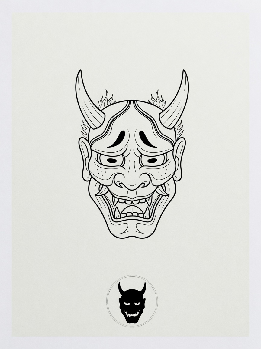 Oni Mask — Fine Line Tattoo — Fine Line oni-mask tattoo design