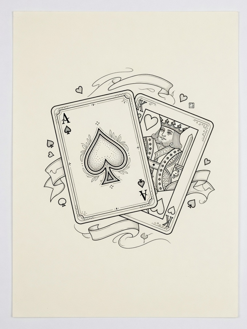 Playing Cards — Fine Line Tattoo Design — Fine Line playing-cards tattoo design