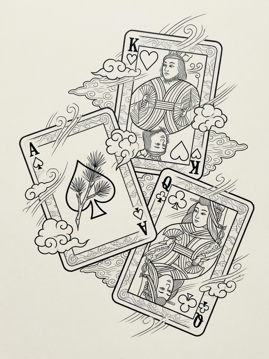 Japanese Linework Playing Cards tattoo
