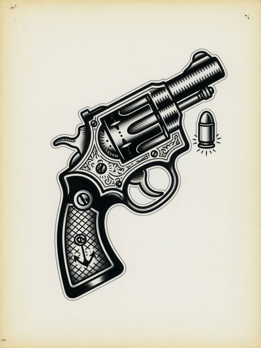 Revolver — American Traditional Tattoo Design — American Traditional revolver tattoo design