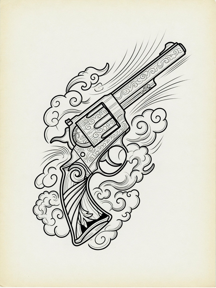 Revolver — Japanese Linework Tattoo Design — Japanese Linework revolver tattoo design