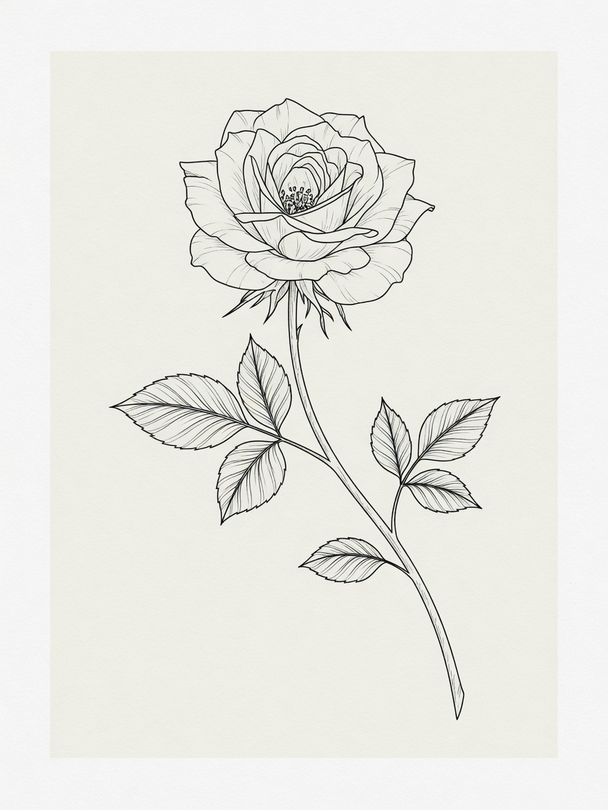 Rose — Fine Line Tattoo (Thigh) — Fine Line rose tattoo design