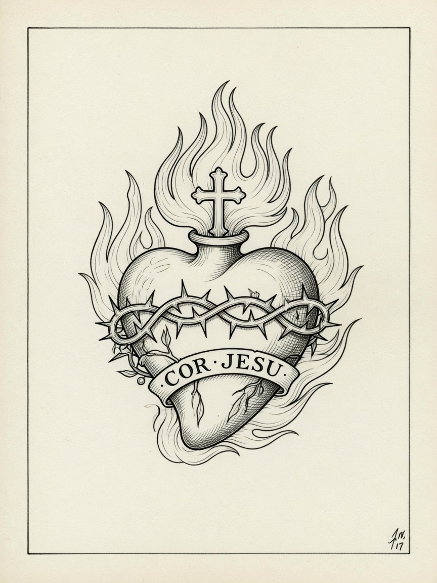Sacred Heart — Fine Line Tattoo — Fine Line sacred-heart tattoo design