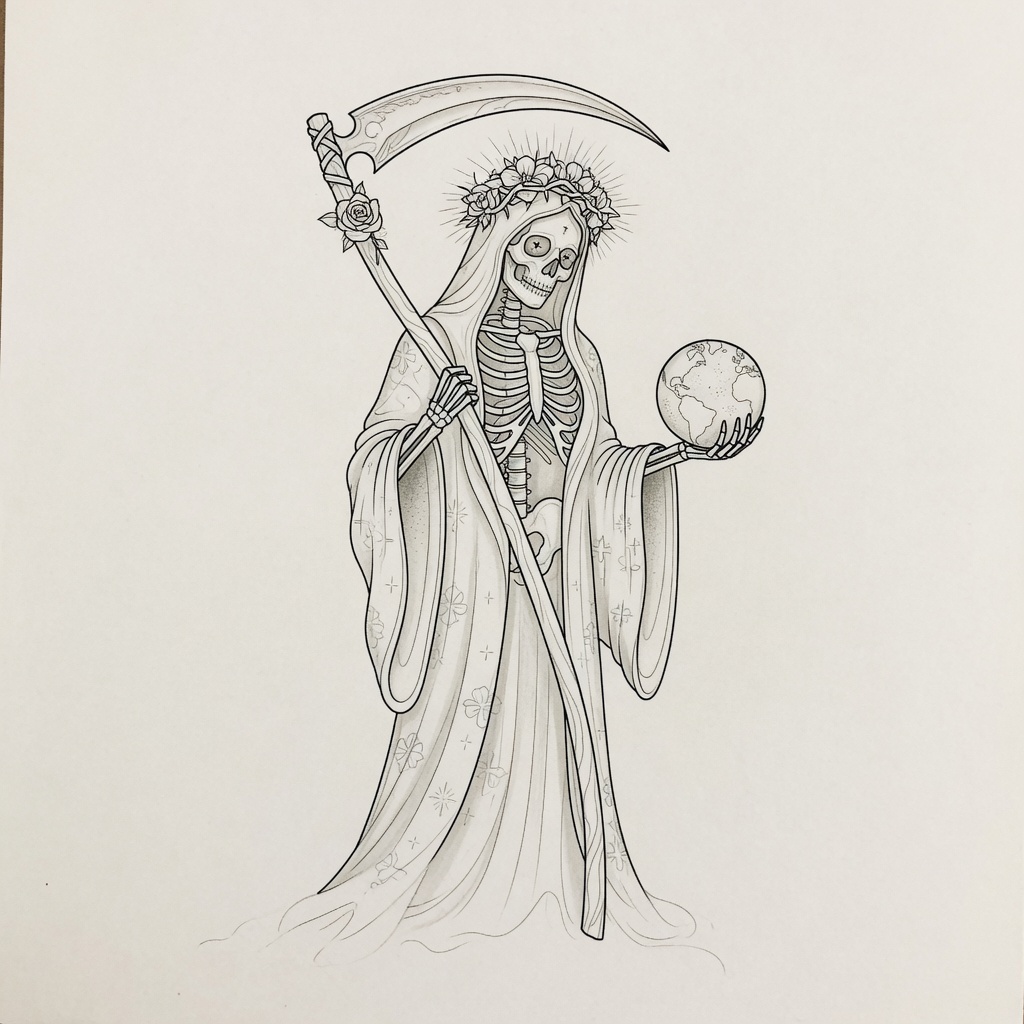 Santa Muerte — Fine Line Tattoo — Fine Line santa-muerte tattoo design