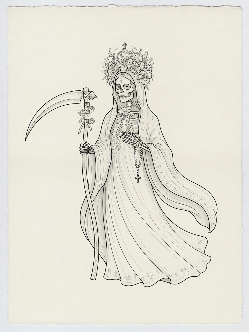 Santa Muerte — Fine Line Tattoo — Fine Line santa-muerte tattoo design