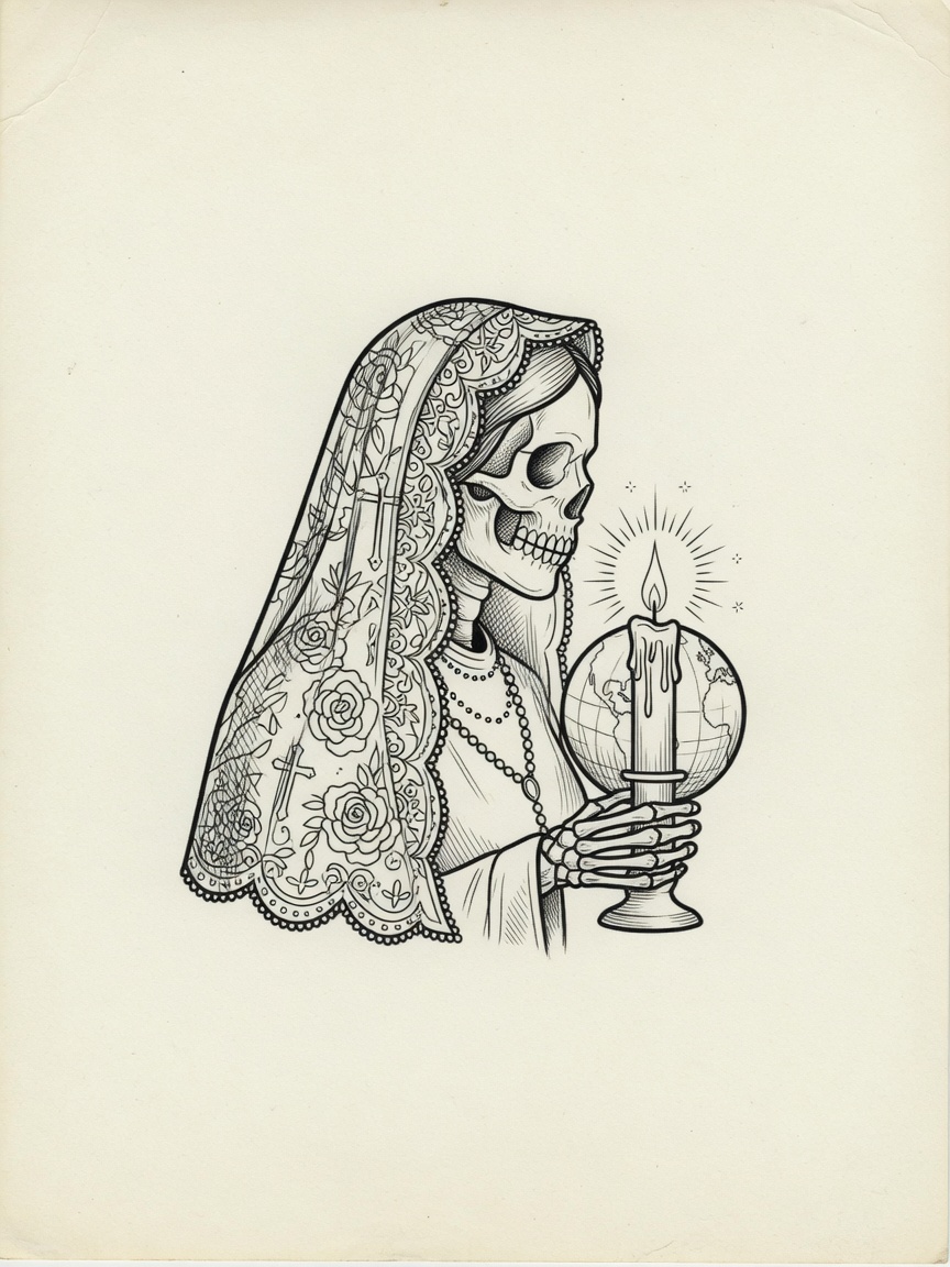 Santa Muerte — Fine Line Tattoo — Fine Line santa-muerte tattoo design