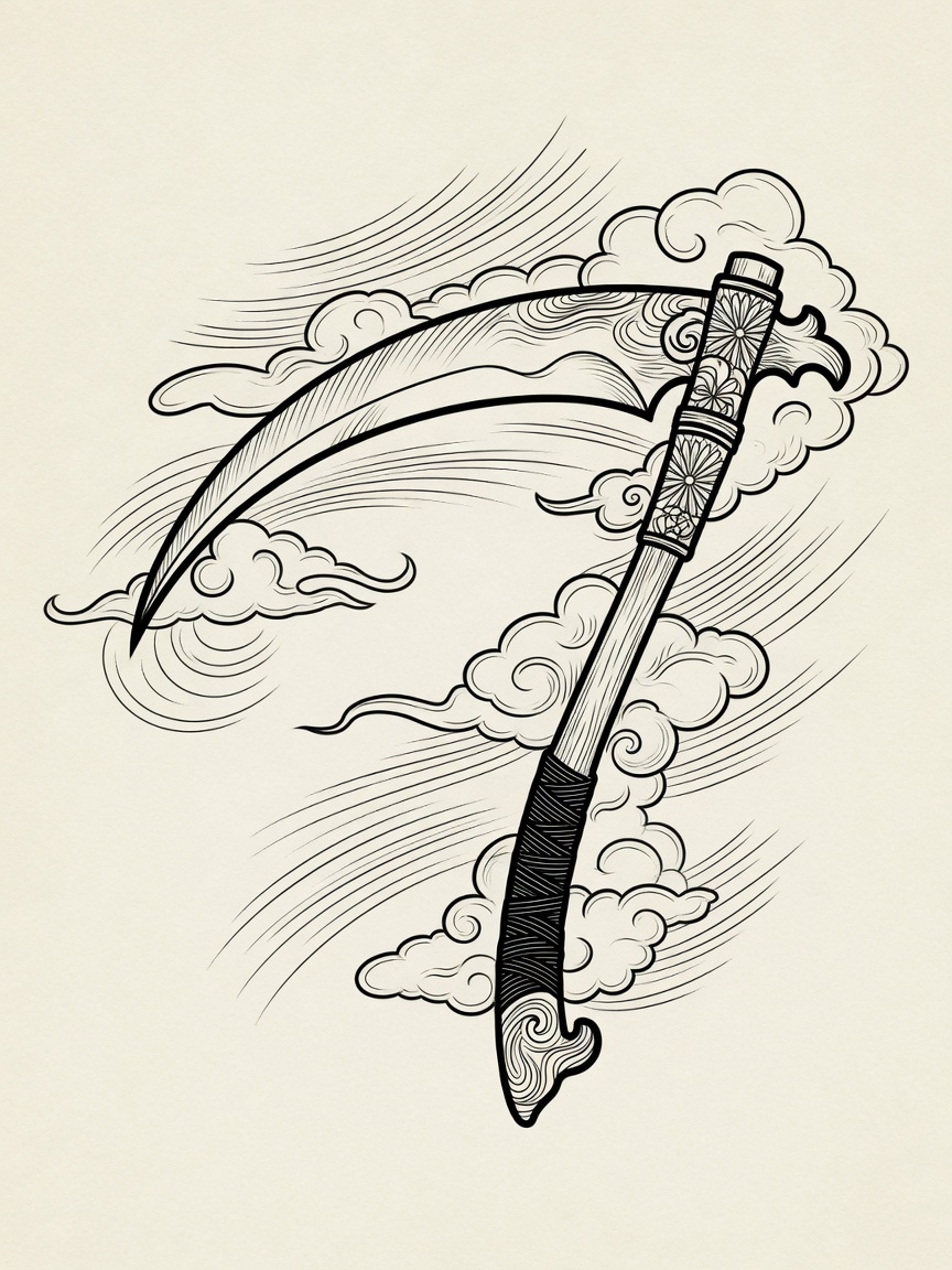 Scythe — Japanese Linework Tattoo Design — Japanese Linework scythe tattoo design