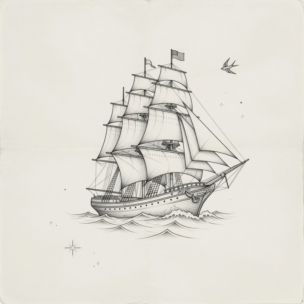 Ship — Fine Line Tattoo — Fine Line ship tattoo design