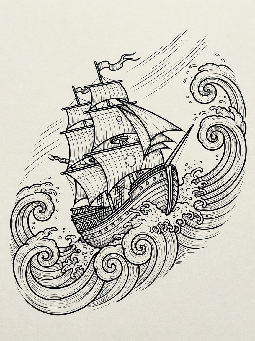 Ship — Japanese Linework Tattoo Design — Japanese Linework ship tattoo design