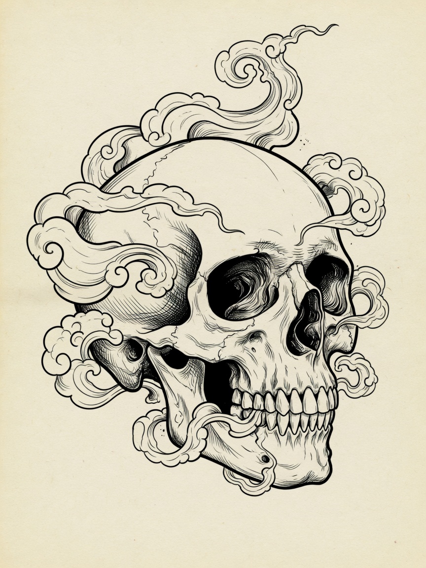 Skull — Japanese Linework Tattoo Design — Japanese Linework skull tattoo design