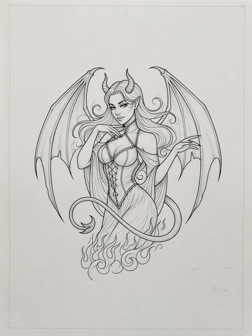 Succubus — Fine Line Tattoo — Fine Line succubus tattoo design