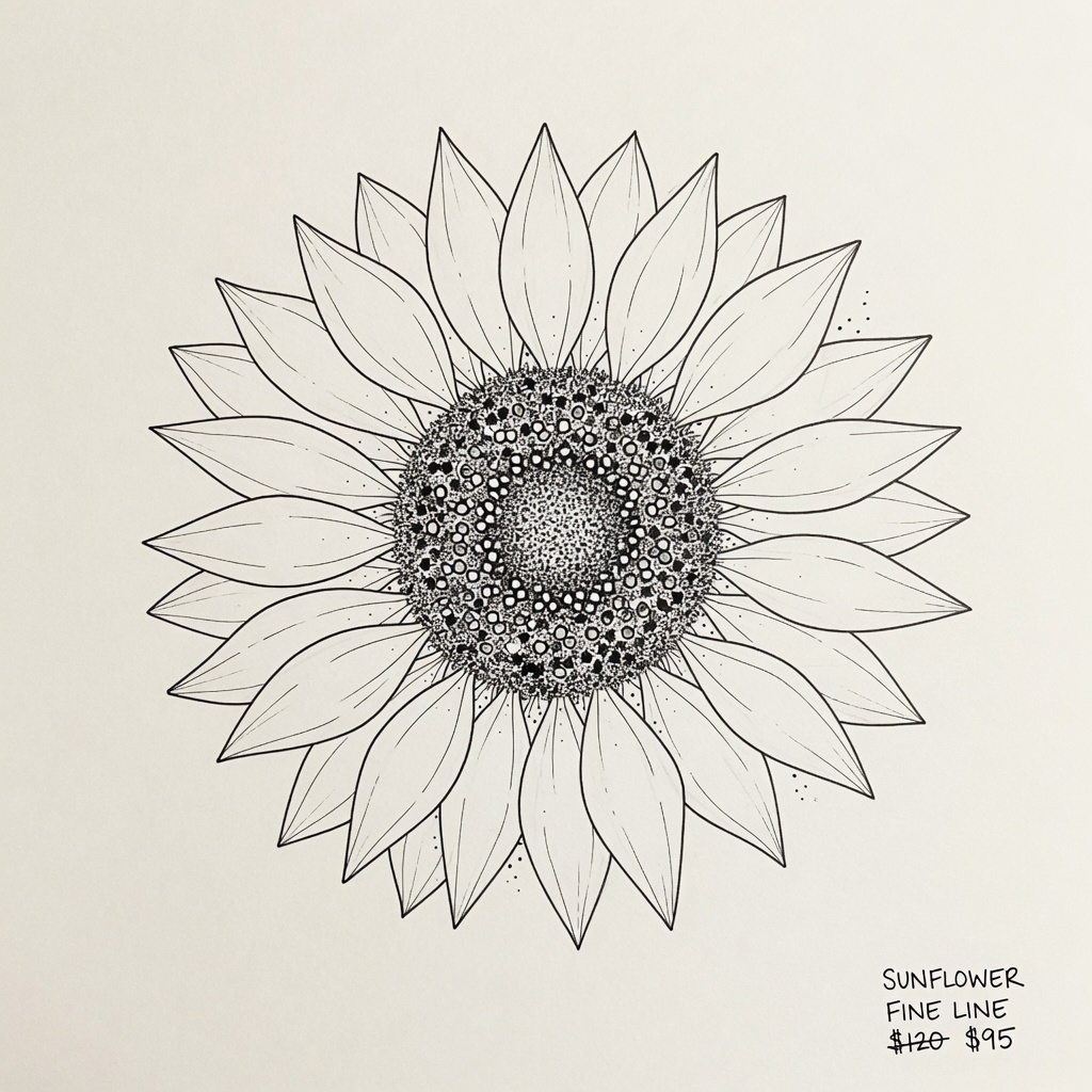 Sunflower — Fine Line Tattoo — Fine Line sunflower tattoo design