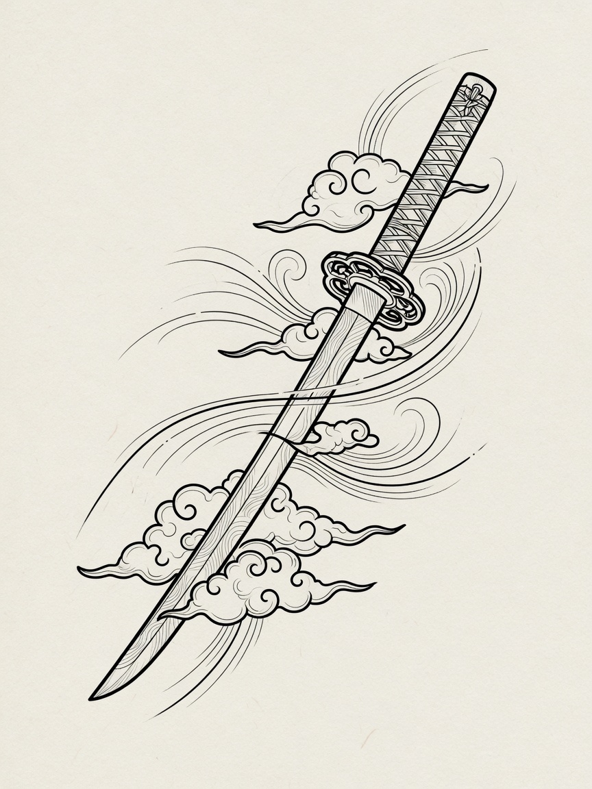 Sword — Japanese Linework Tattoo Design — Japanese Linework sword tattoo design