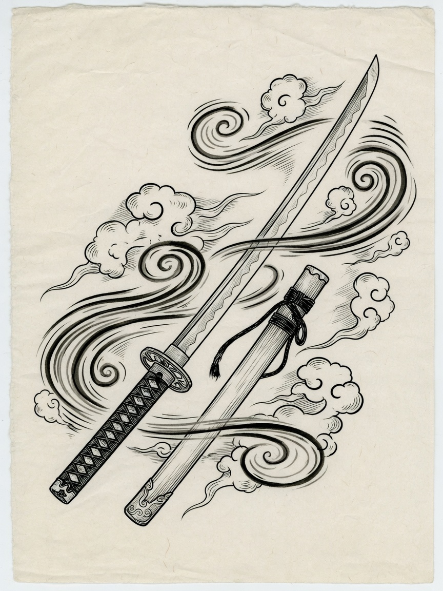 Sword — Japanese Linework Tattoo Design — Japanese Linework sword tattoo design