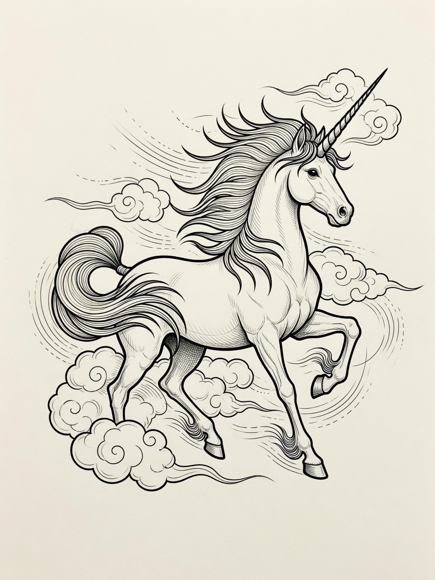 Unicorn — Japanese Linework Tattoo Design — Japanese Linework unicorn tattoo design