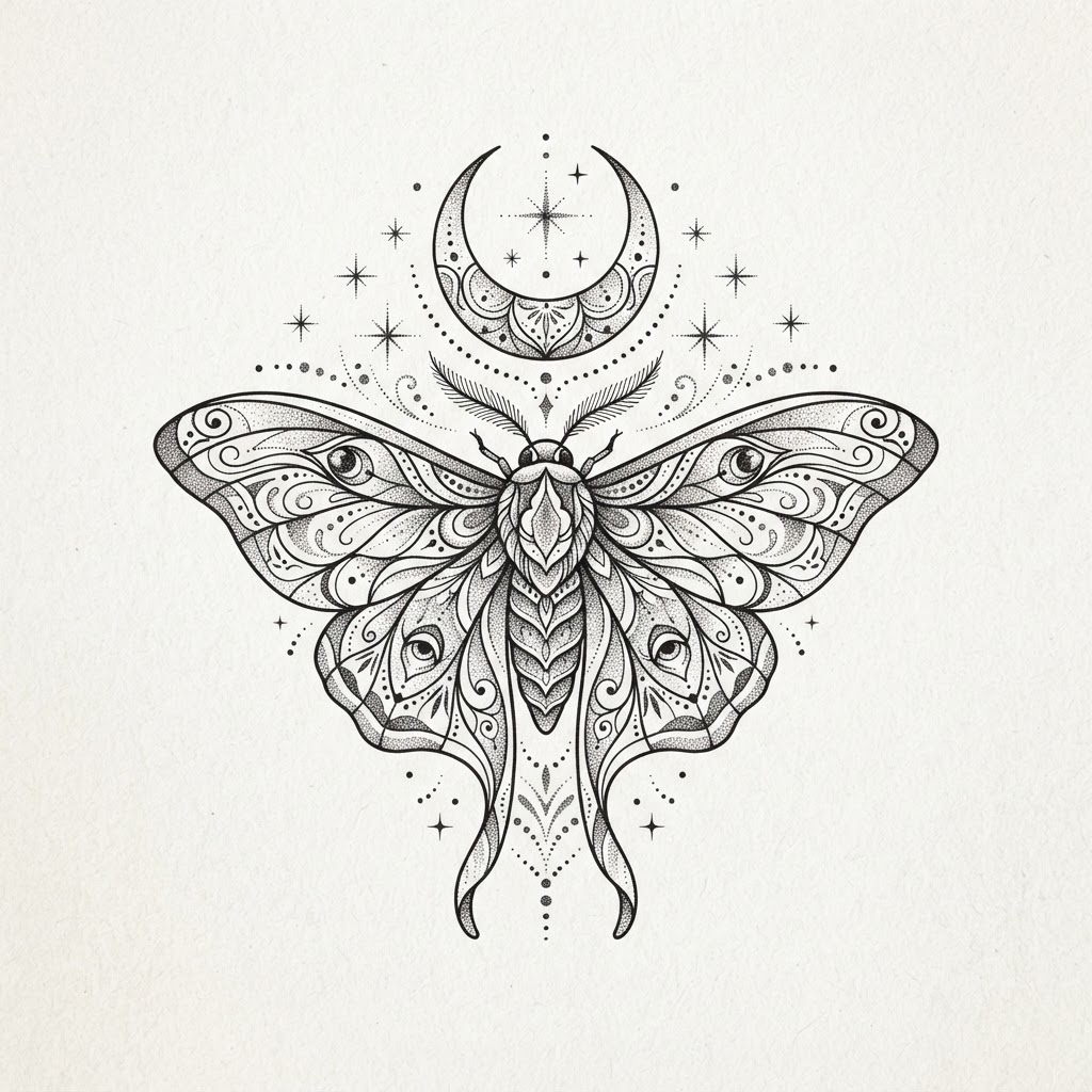 Moon Moth — Blackwork butterfly tattoo design