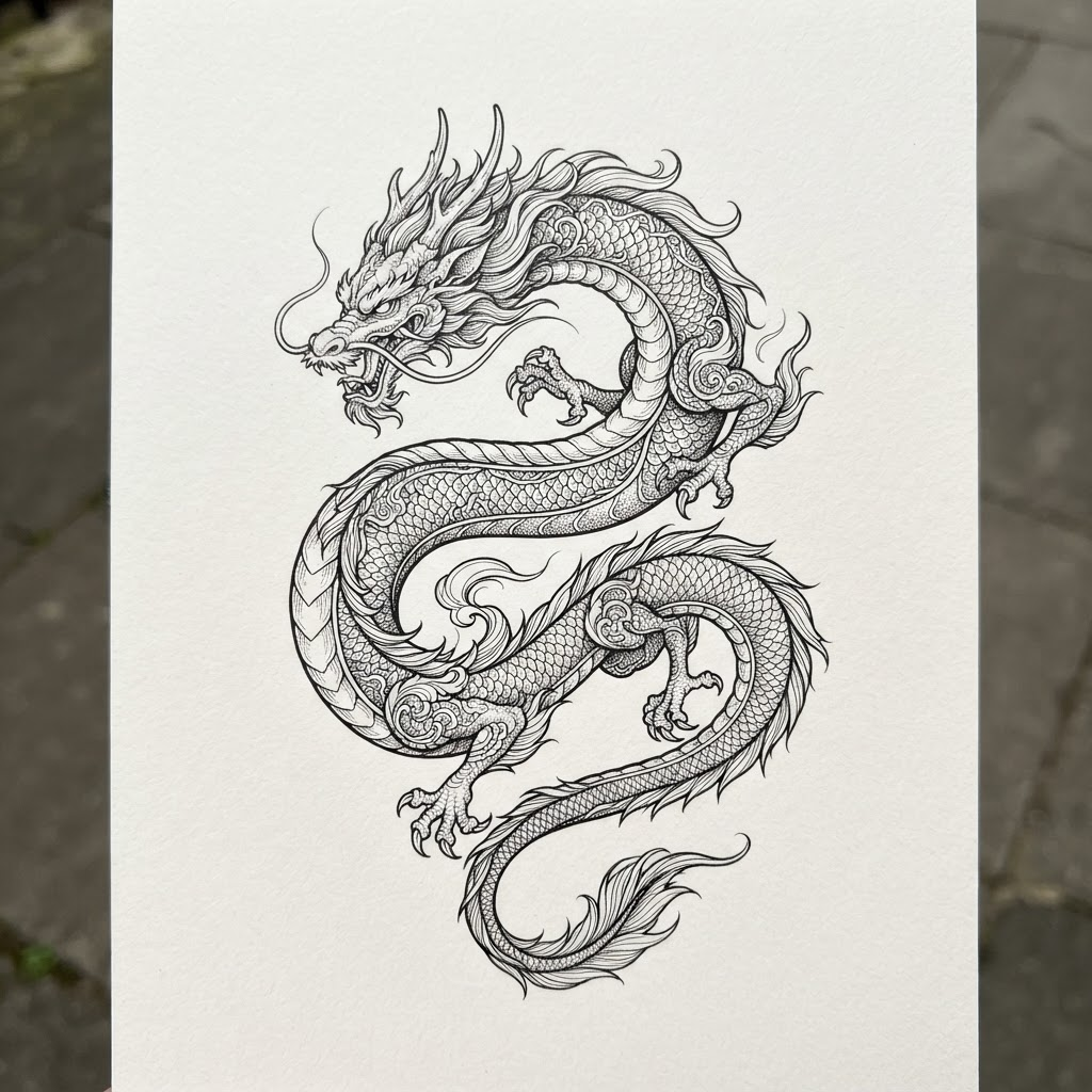 Coiled Dragon — Blackwork dragon tattoo design