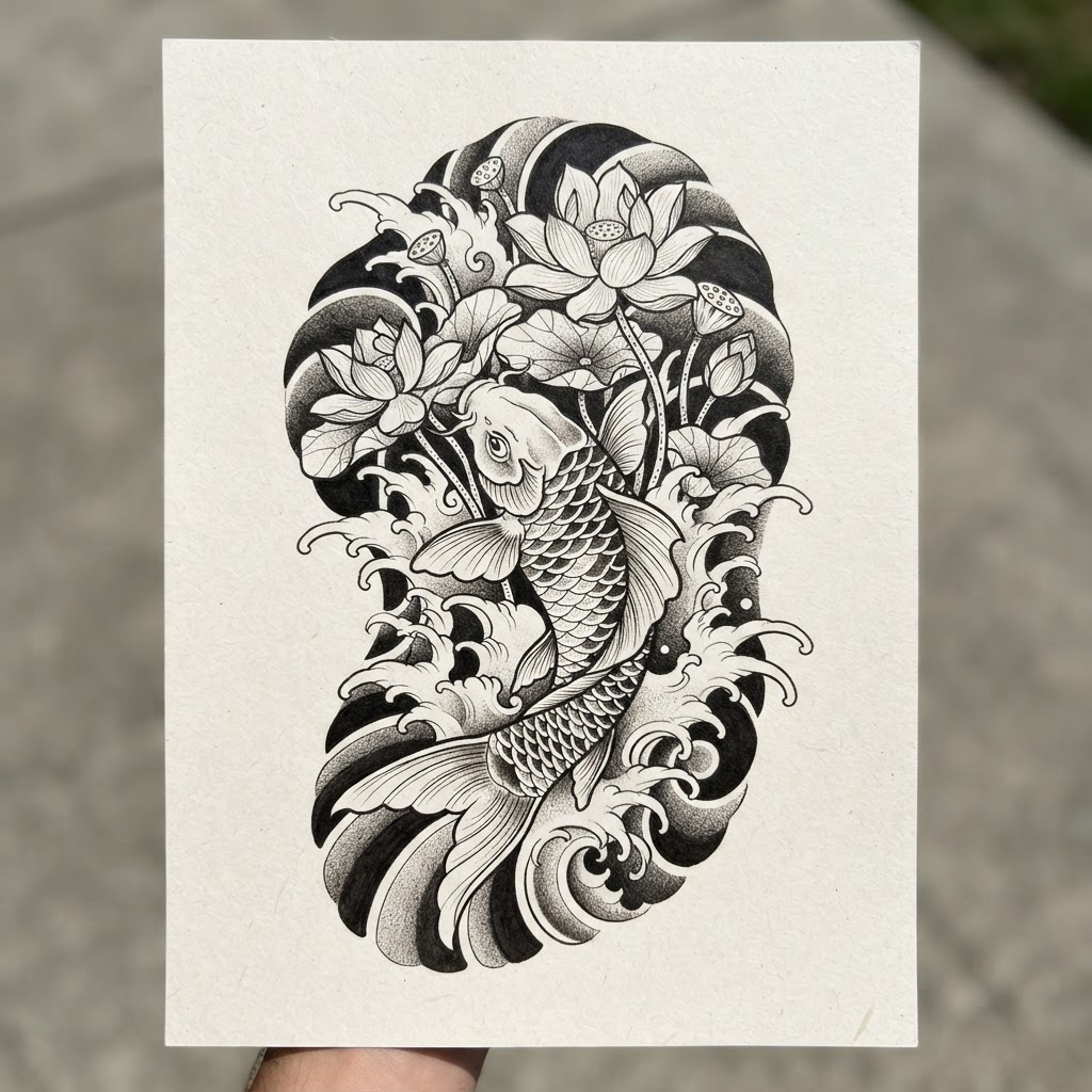 Koi & Waves — Japanese Linework dragon tattoo design