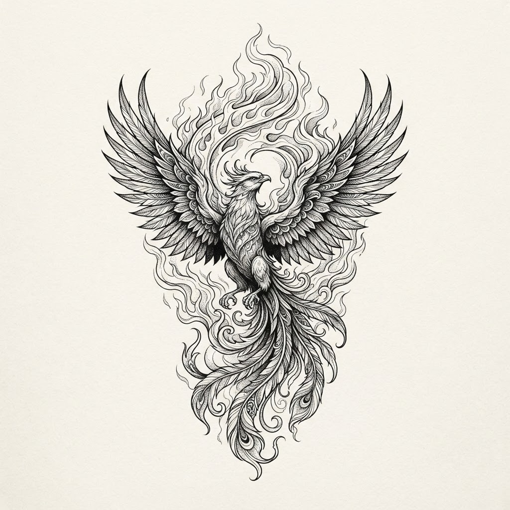 Rising Phoenix — Blackwork phoenix tattoo design