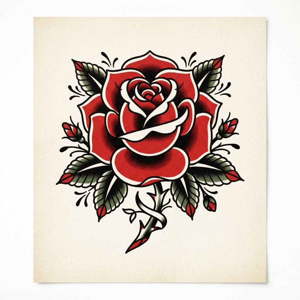 Traditional Rose — American Traditional rose tattoo design