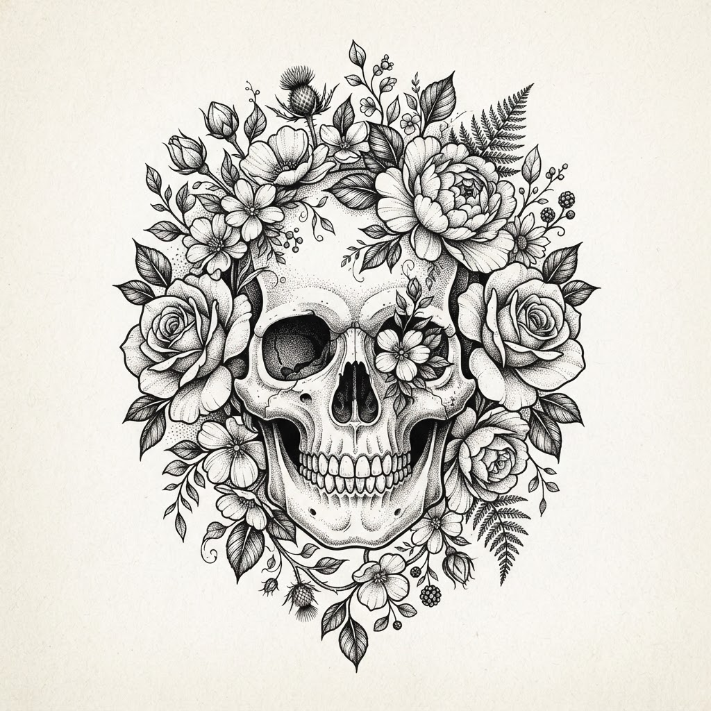 Skull in Bloom — Blackwork skull tattoo design